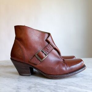 John Fluevog Shana Brown Leather Square Toe Buckle Ankle Boots Mens 6 Womens 8